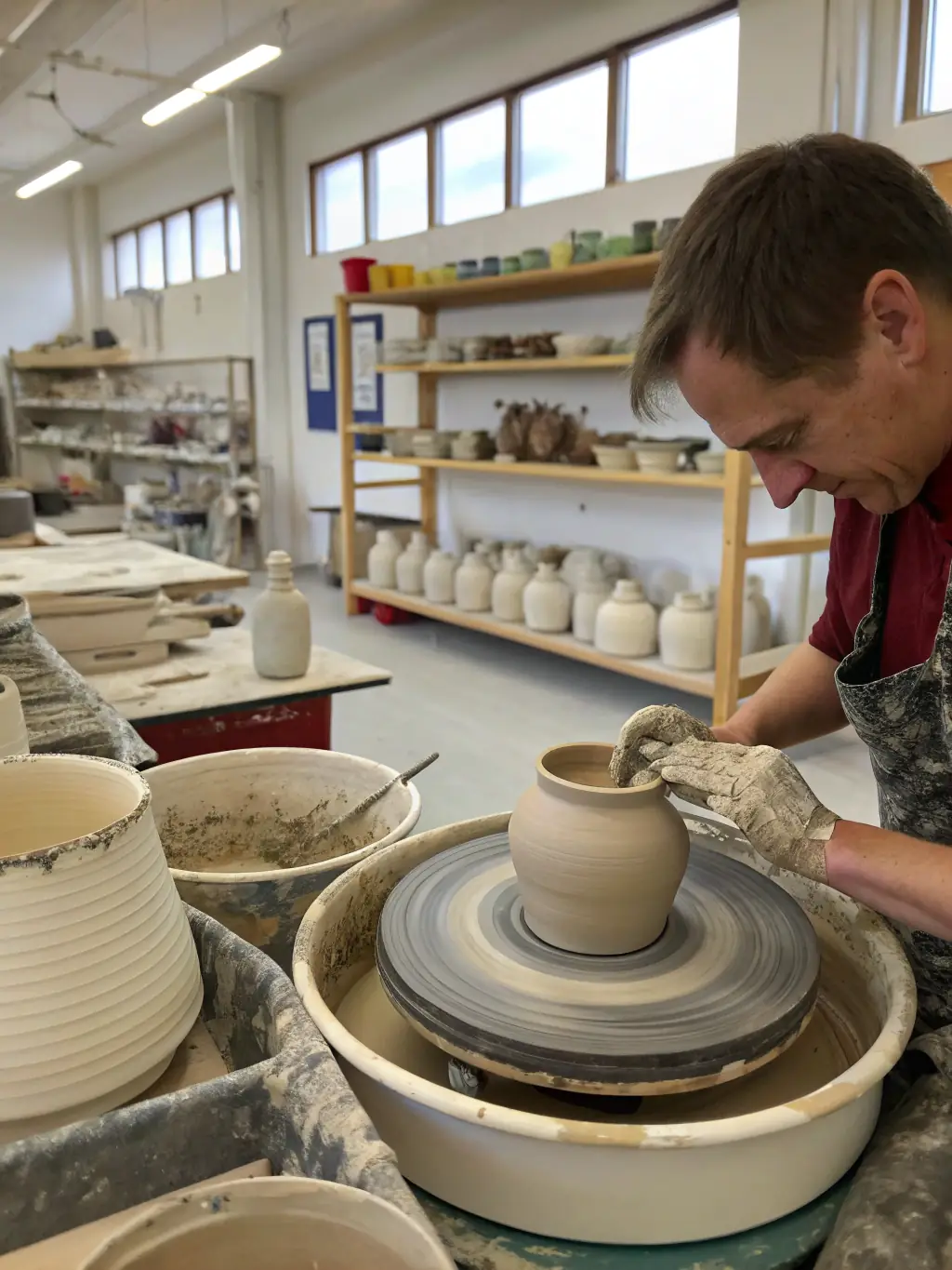 A photo of a group of adults participating in a pottery class, with hands-on instruction and finished pieces on display, highlighting the artistic skills being developed.