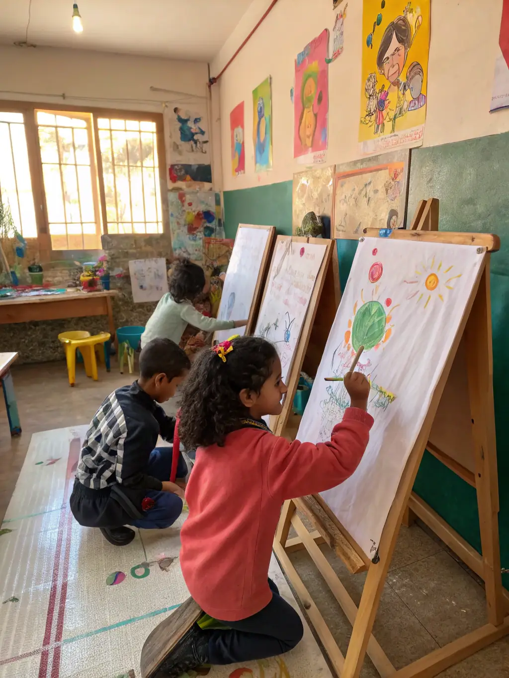 A photograph capturing a children's art class in progress, with kids painting enthusiastically at easels, showcasing the vibrant and creative atmosphere of the Foyer Rural's art program.